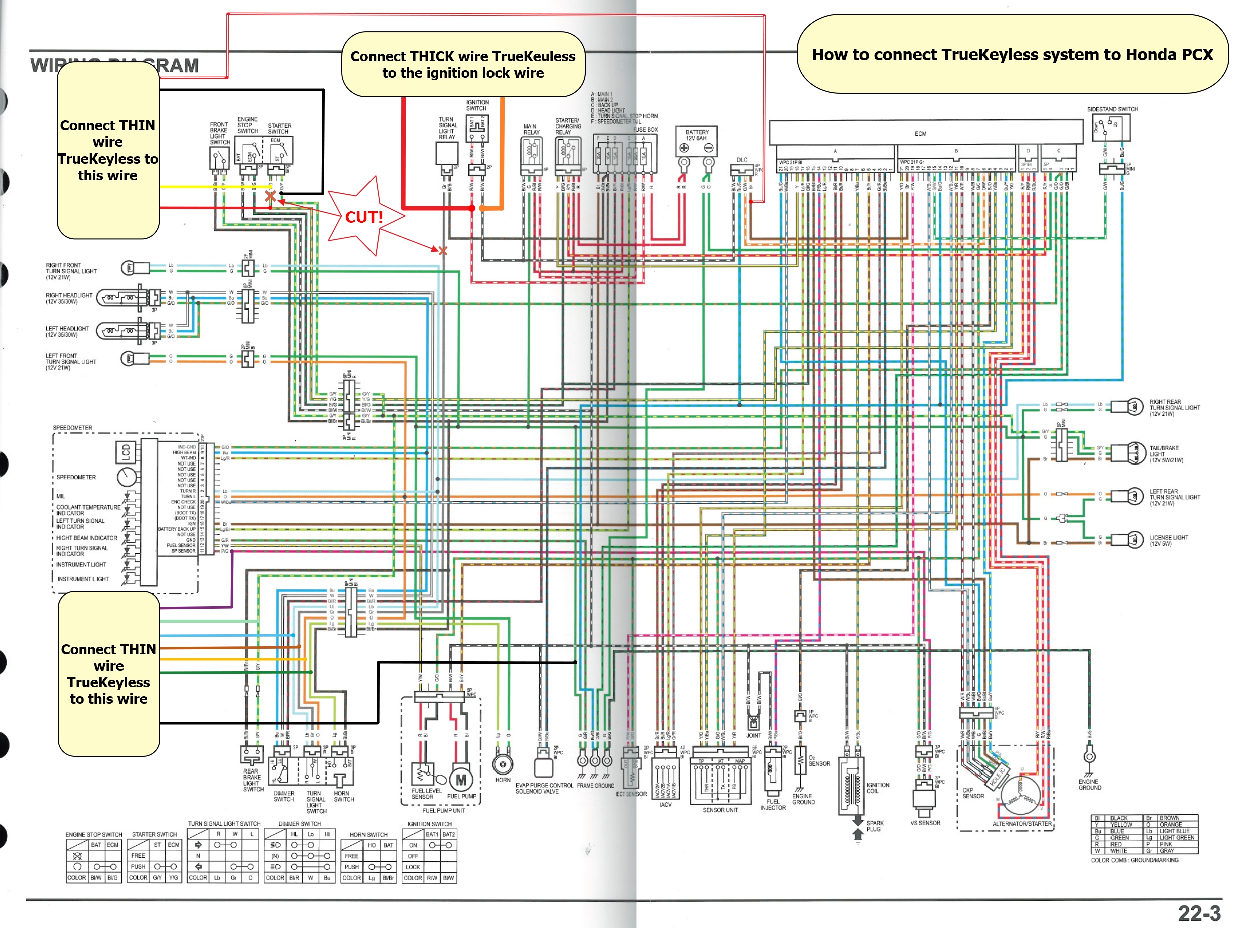 Keyless ignition and self cancelling turn signal installation schemaic for Honda PCX 1